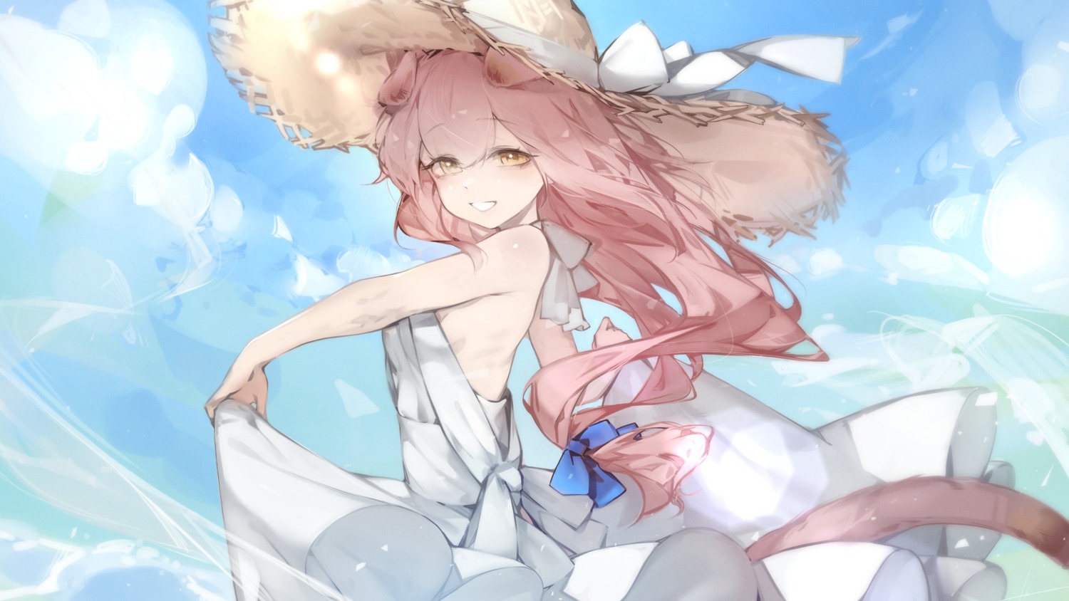 animal_ears, arknights, dress, goldenglow_(arknights), libiadan, no_bra, summer_dress, tail