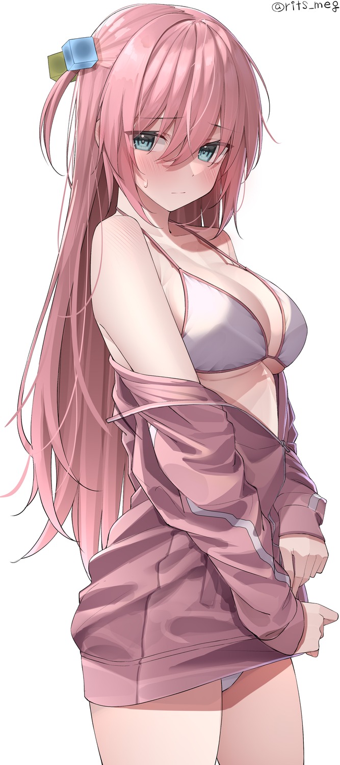 bikini, bocchi_the_rock!, gotou_hitori, gym_uniform, kawai_ritsu_(rits_meg), open_shirt, swimsuits, undressing