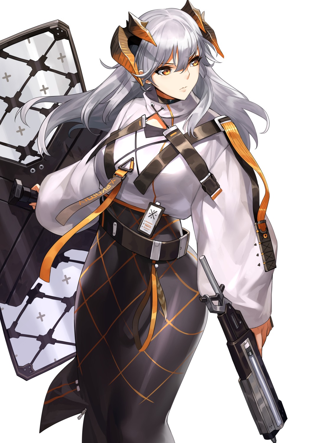 arknights, gun, horns, knatb, saria_(arknights), tail, uniform