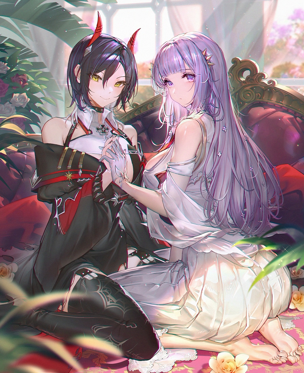 azur_lane, baiyin, dress, heels, horns, plymouth_(azur_lane), stockings, thighhighs