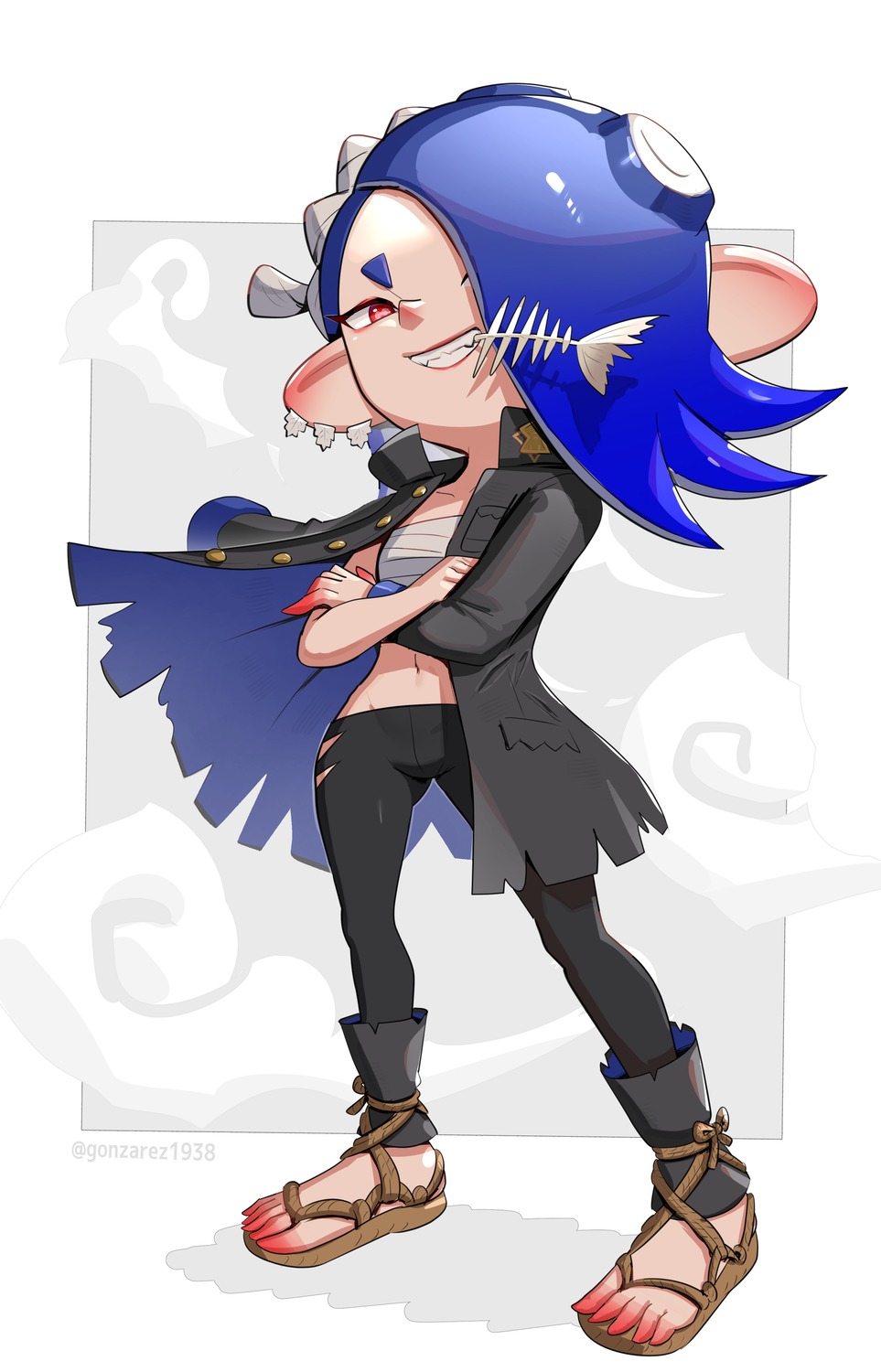 gonzarez, open_shirt, pointy_ears, sarashi, shiver_(splatoon), splatoon, splatoon_3, torn_clothes