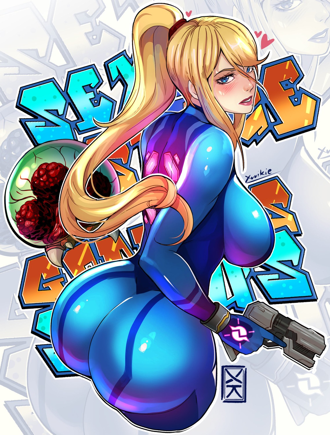 ass, bodysuit, gun, metroid, samus_aran, xuuikie_ashe