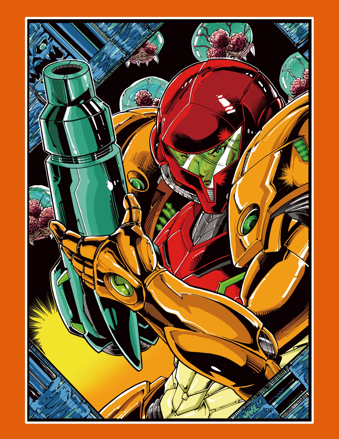 armor, bodysuit, inker-guy, metroid, metroid_(creature), monster, samus_aran, weapon