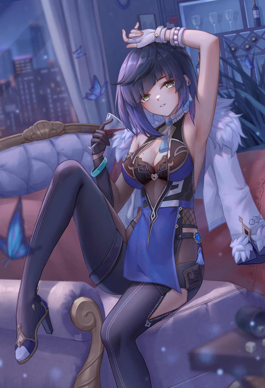 bodysuit, cleavage, fishnets, genshin_impact, heels, yelan, yelan_xing_xuan