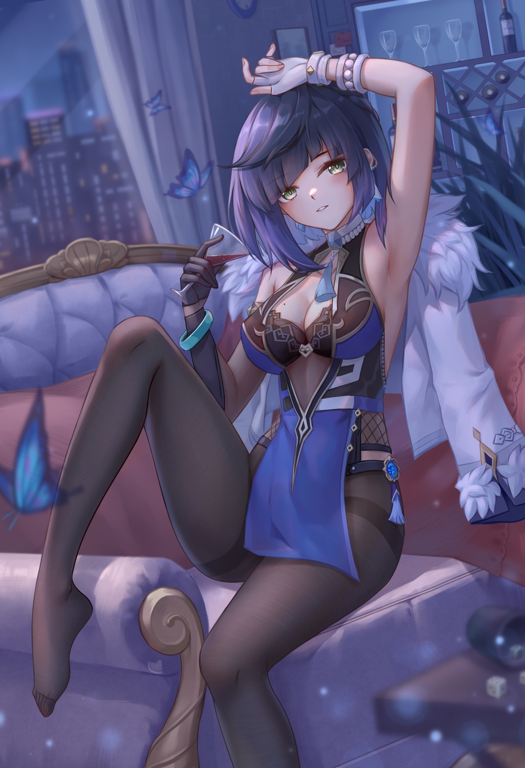 cleavage, fishnets, genshin_impact, pantyhose, yelan, yelan_xing_xuan