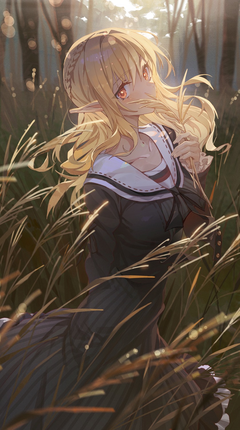 elf, hololive, hxxg, pointy_ears, seifuku, shiranui_flare