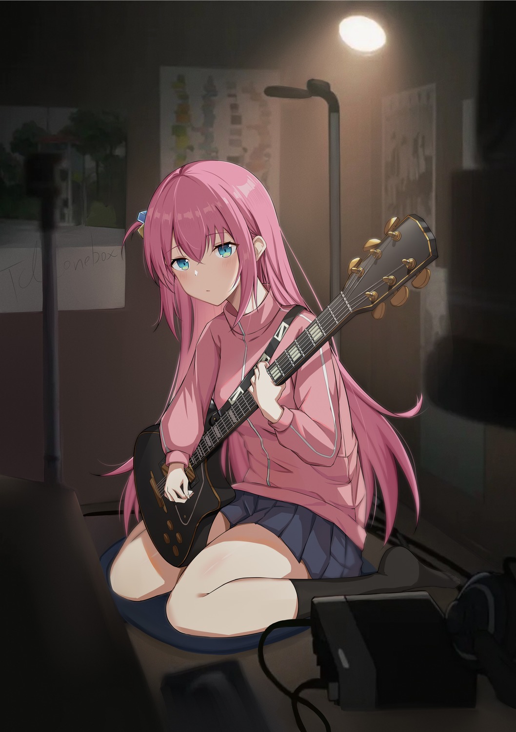 backon, bocchi_the_rock!, gotou_hitori, guitar, gym_uniform, seifuku