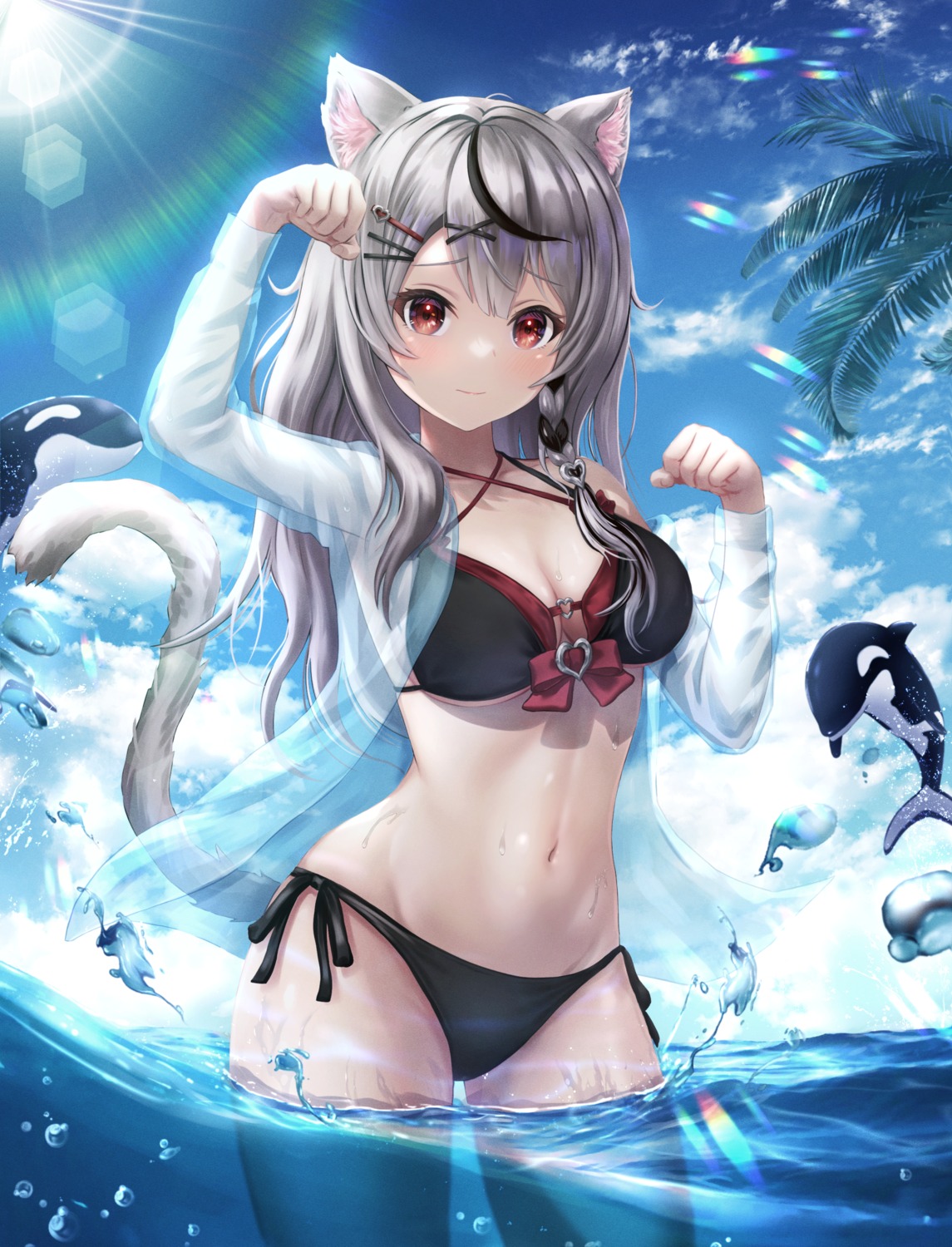 animal_ears, artist_revision, bikini, cleavage, hololive, nekomimi, open_shirt, sakamata_chloe