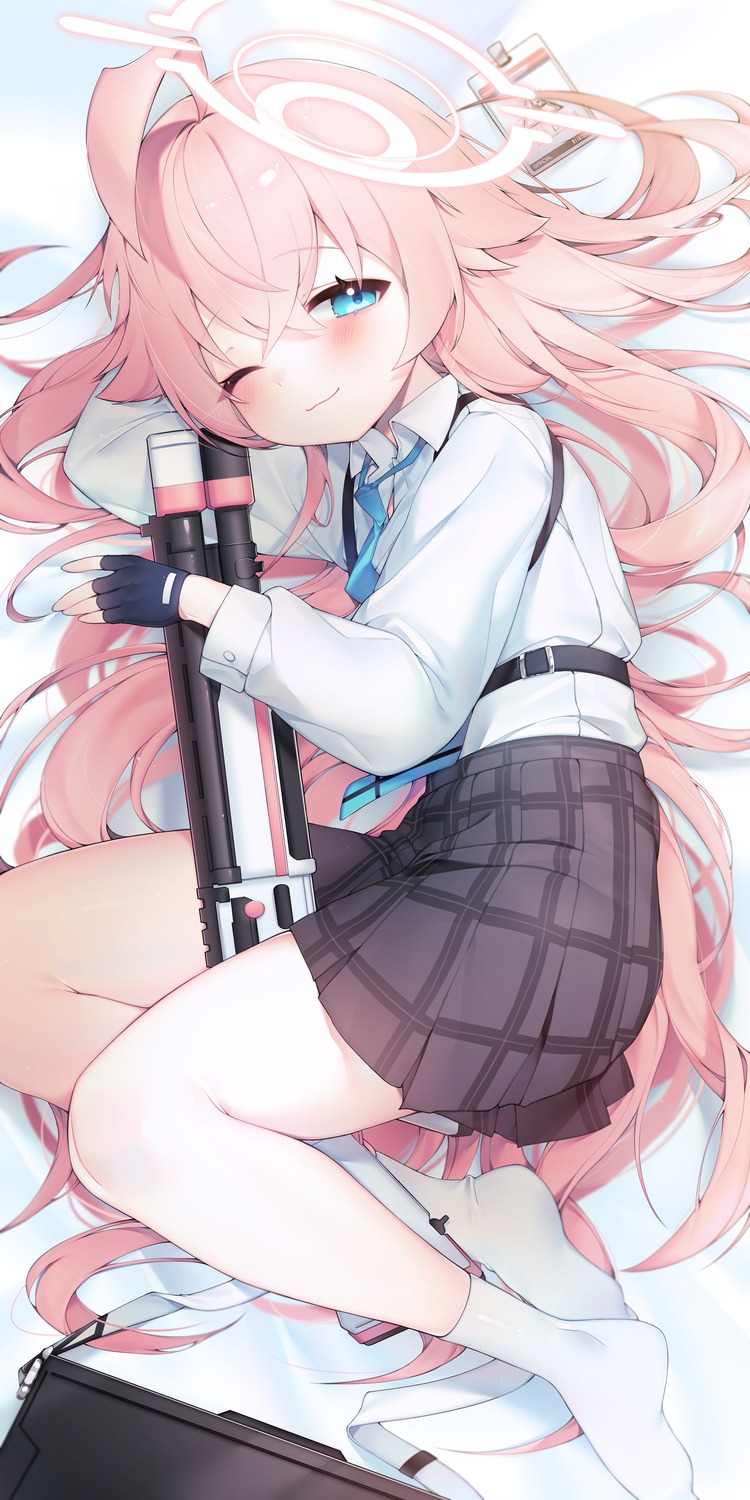 blue_archive, gun, halo, seifuku, sen_light, takanashi_hoshino