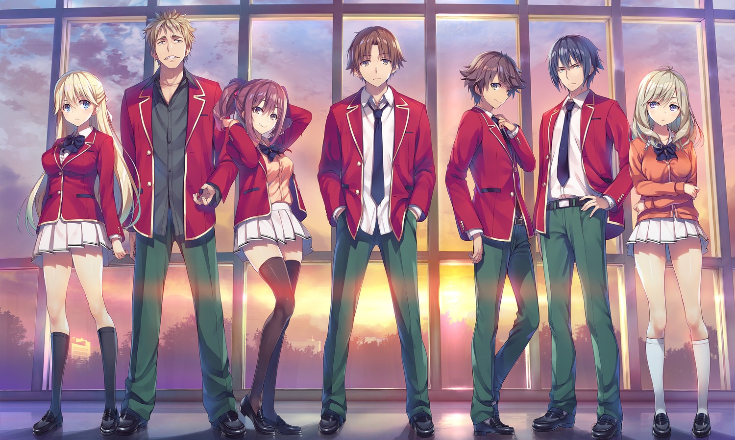 amasawa_ichika, ayanokouji_kiyotaka, housen_kazuomi, nanase_tsubasa, seifuku, sweater, thighhighs, tomose_shunsaku, tsubaki_sakurako, utomiya_riku, yagami_takuya, youkoso_jitsuryoku_shijou_shugi_no_kyoushitsu_e
