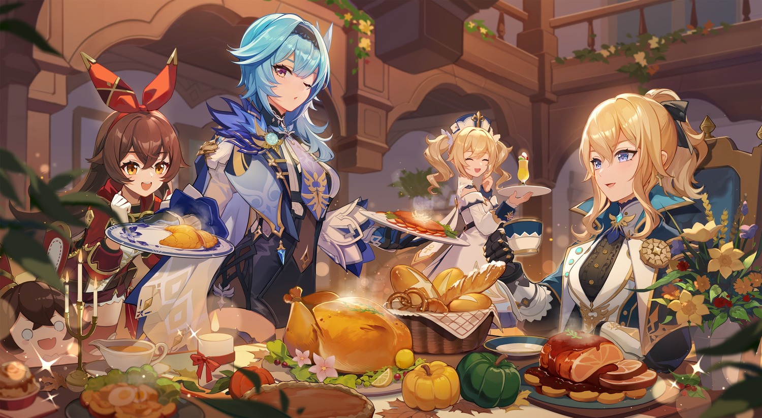 amber_(genshin_impact), barbara_(genshin_impact), baron_bunny, chibi, dress, eula, genshin_impact, jean_gunnhildr