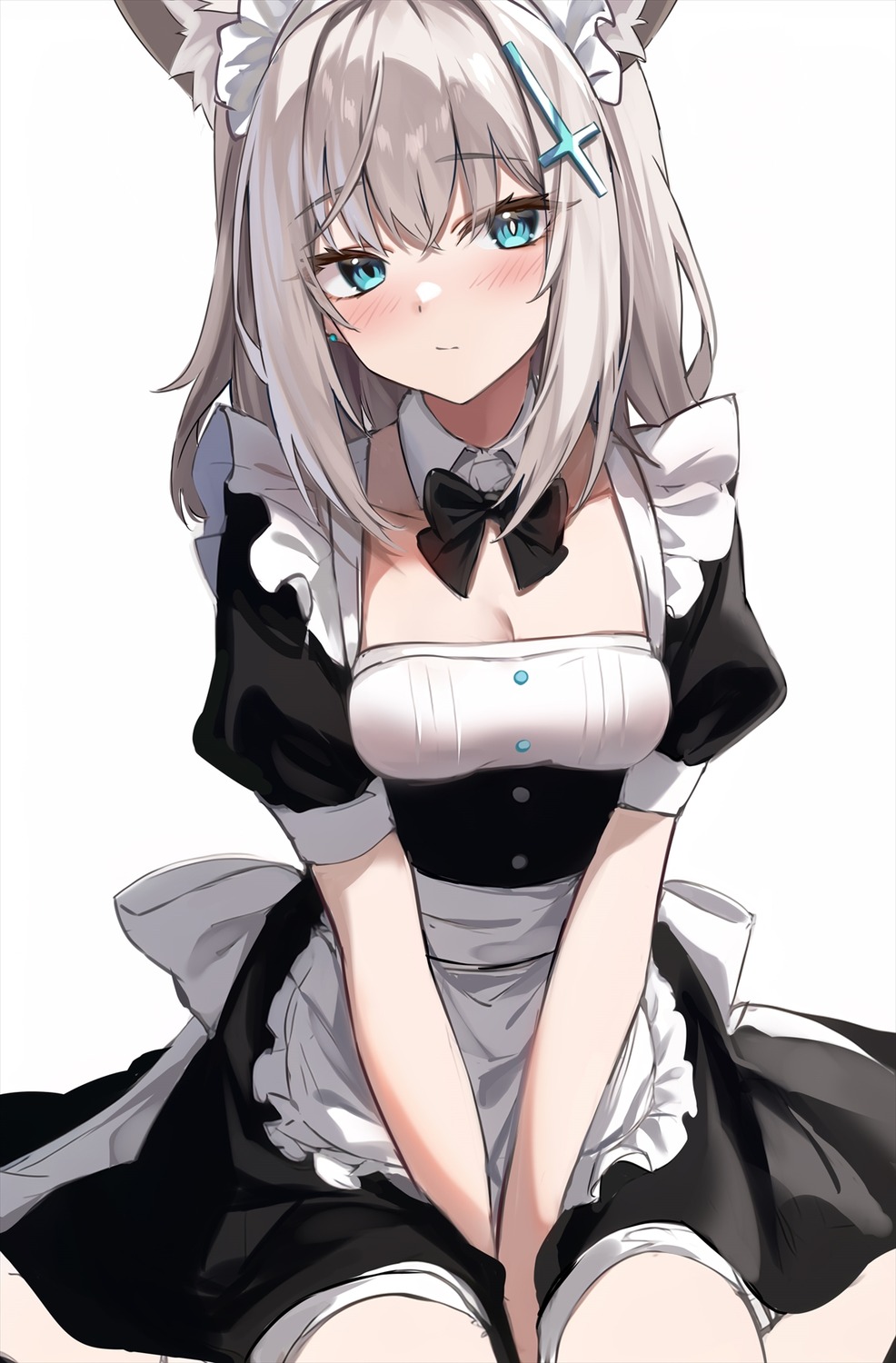 animal_ears, blue_archive, cleavage, maid, marisasu_(marisa0904), nekomimi, sketch, sunaookami_shiroko
