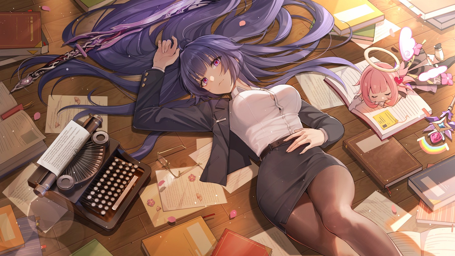 angel, benghuai_xueyuan, business_suit, chibi, elysia_(honkai_impact), honkai_impact, pantyhose, raiden_mei, sword, wallpaper, wings, yolanda