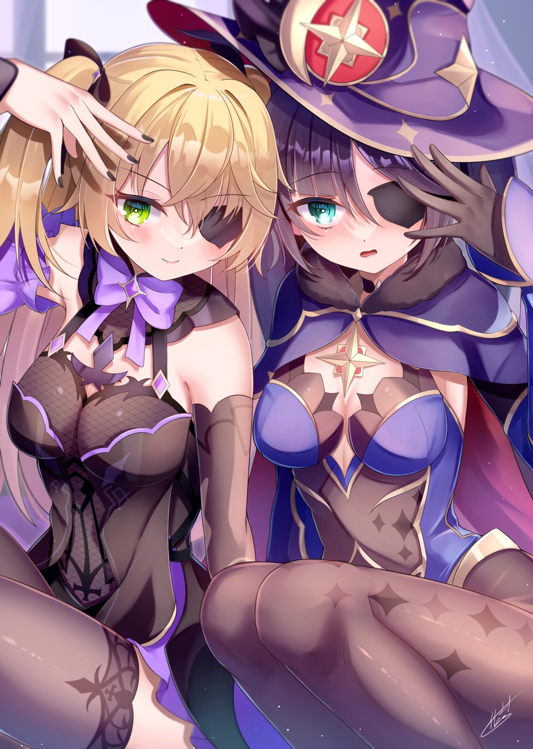 eyepatch, fischl, fishnets, genshin_impact, mona_megistus, pantyhose, takemura_kou, thighhighs