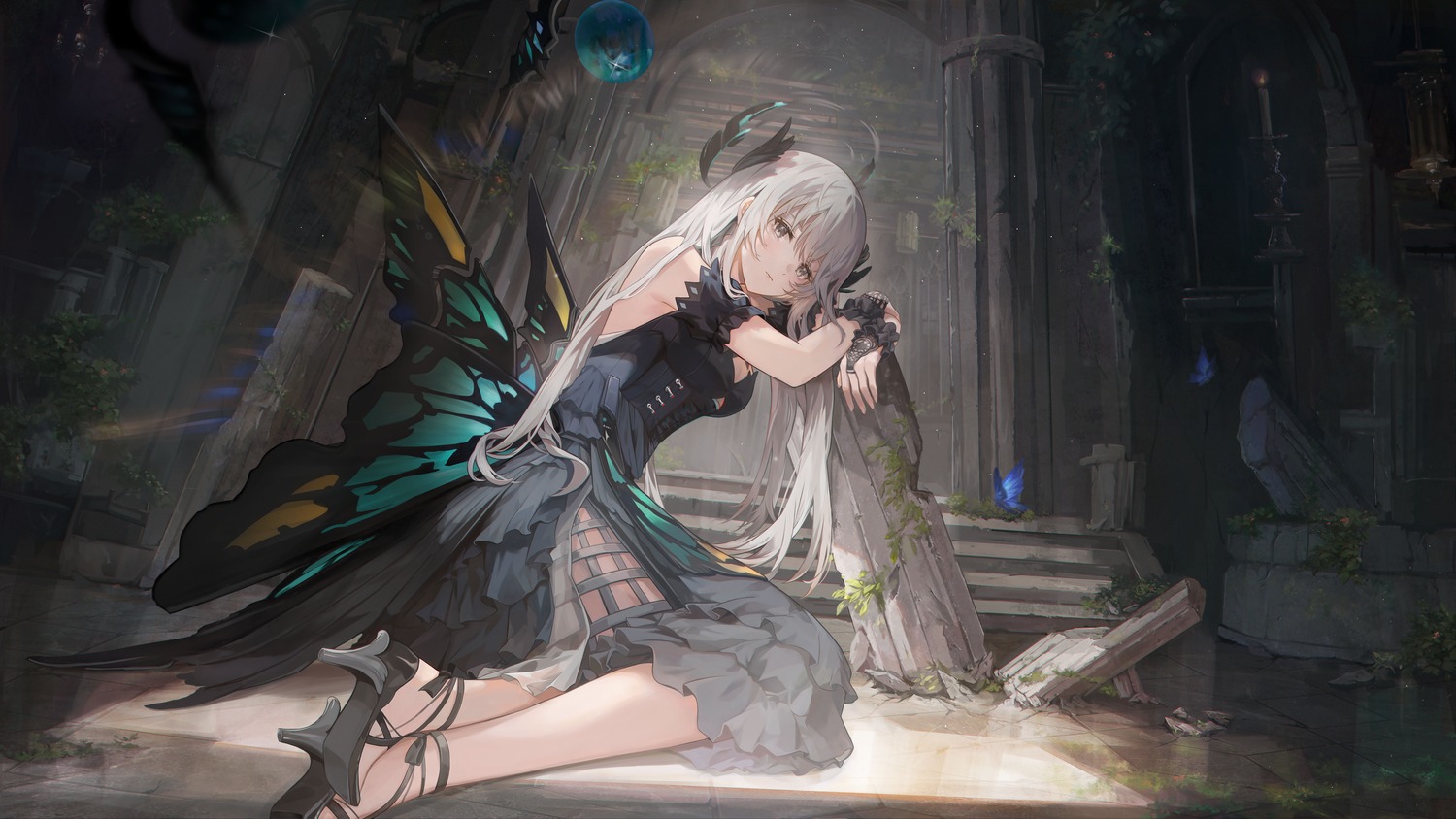 angel, artist_revision, corpse_(pixiv), dress, heels, liv_(punishing:_gray_raven), no_bra, punishing:_gray_raven, see_through, wallpaper, wings