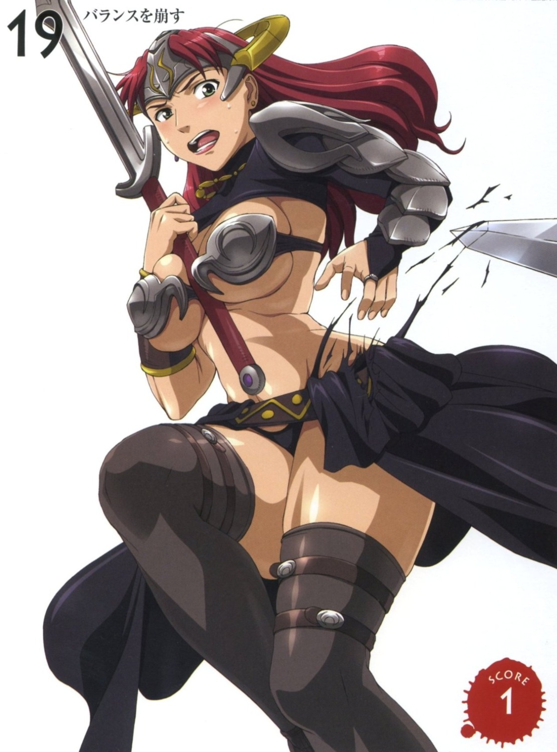 armor, claudette, nigou, queen's_blade, sword, thighhighs, torn_clothes, underboob