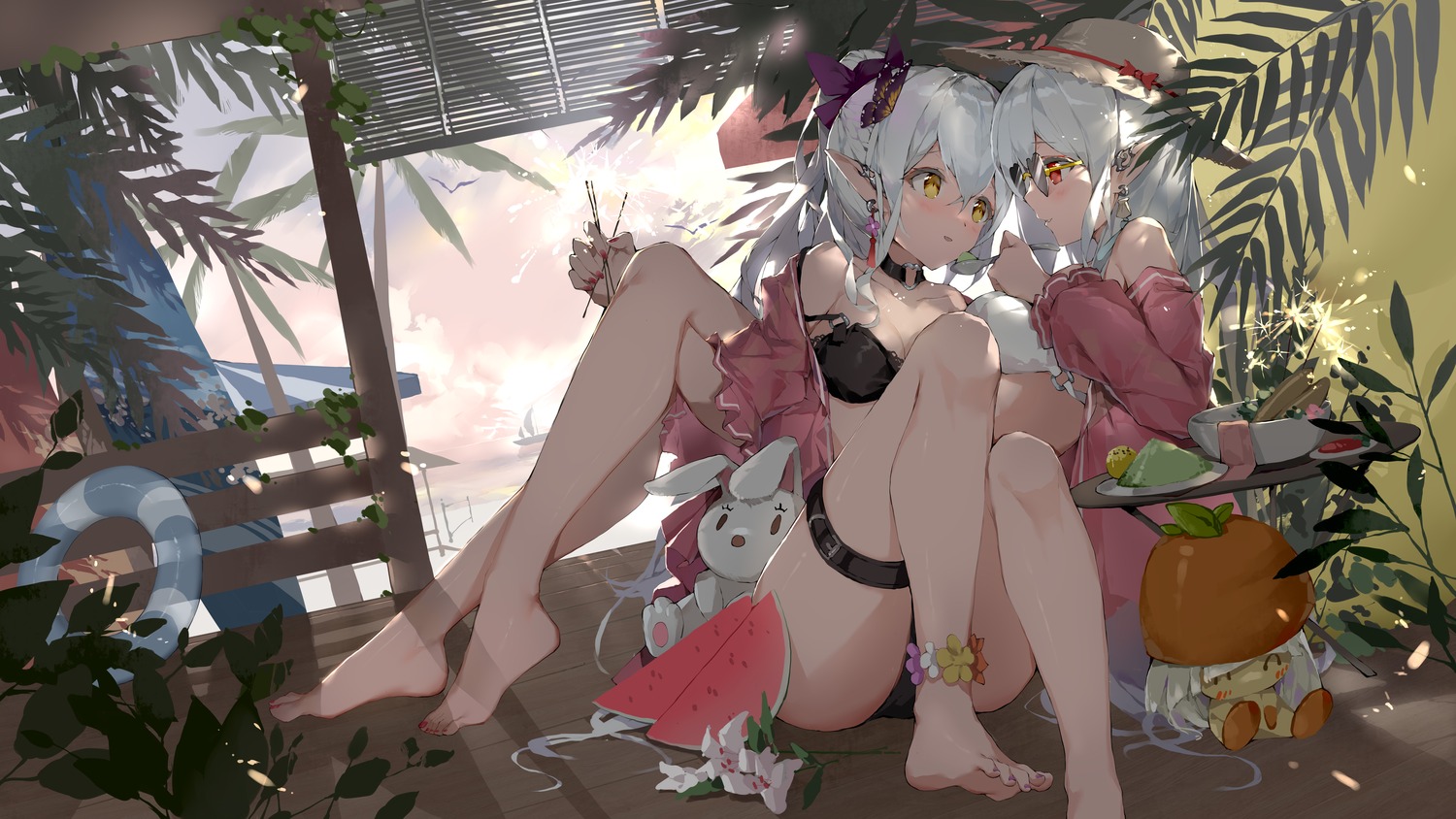 bikini, bodhi_wushushenghua, feet, garter, megane, open_shirt, pointy_ears, swimsuits