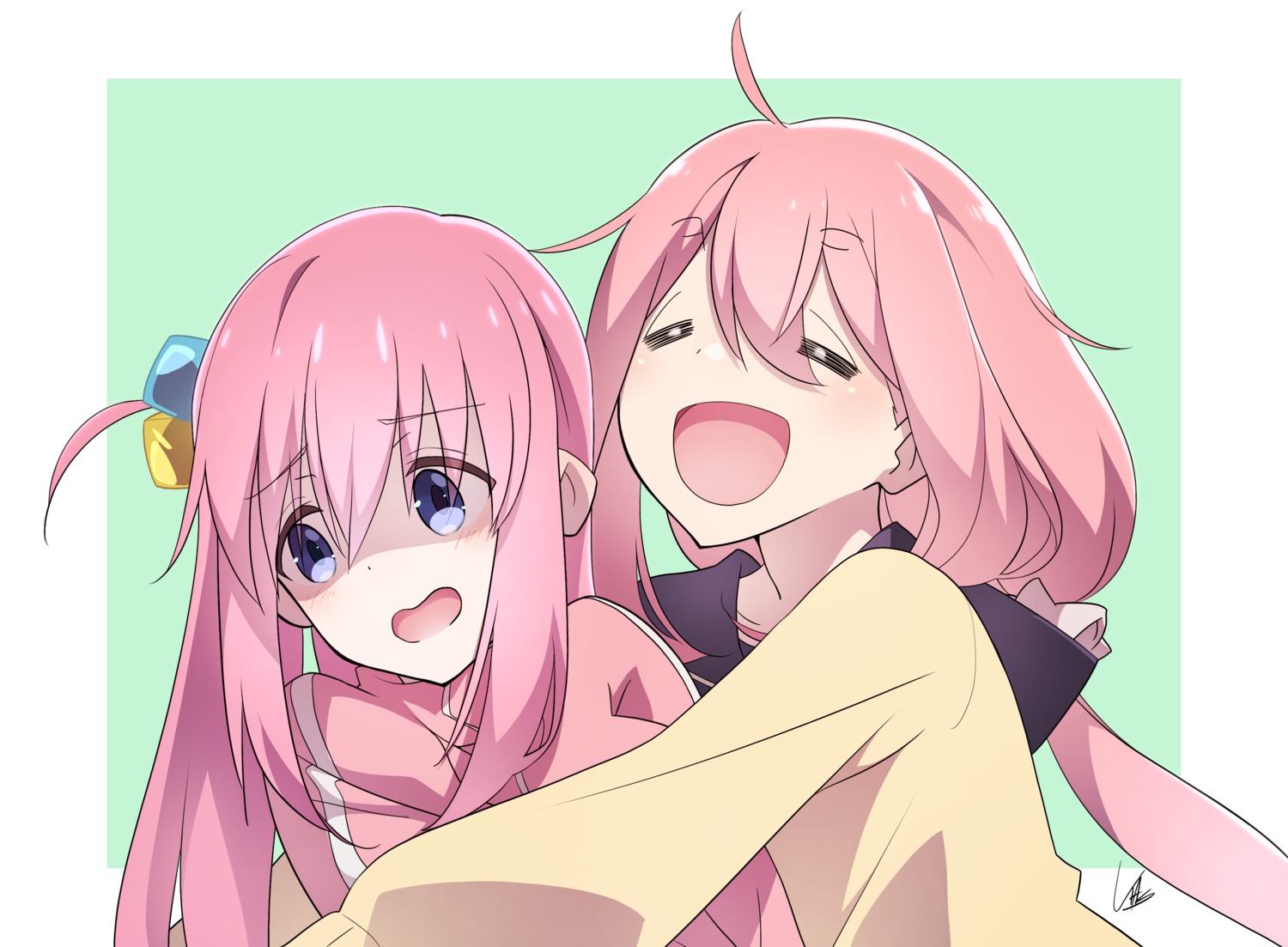 bocchi_the_rock!, crossover, gotou_hitori, gym_uniform, kagamihara_nadeshiko, seifuku, sweater, yosiyasuyasu, yuri, yurucamp