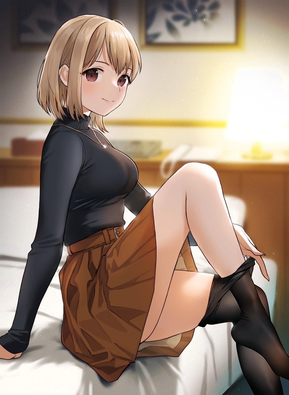 doushimasho, pantyhose, skirt_lift, sweater, undressing