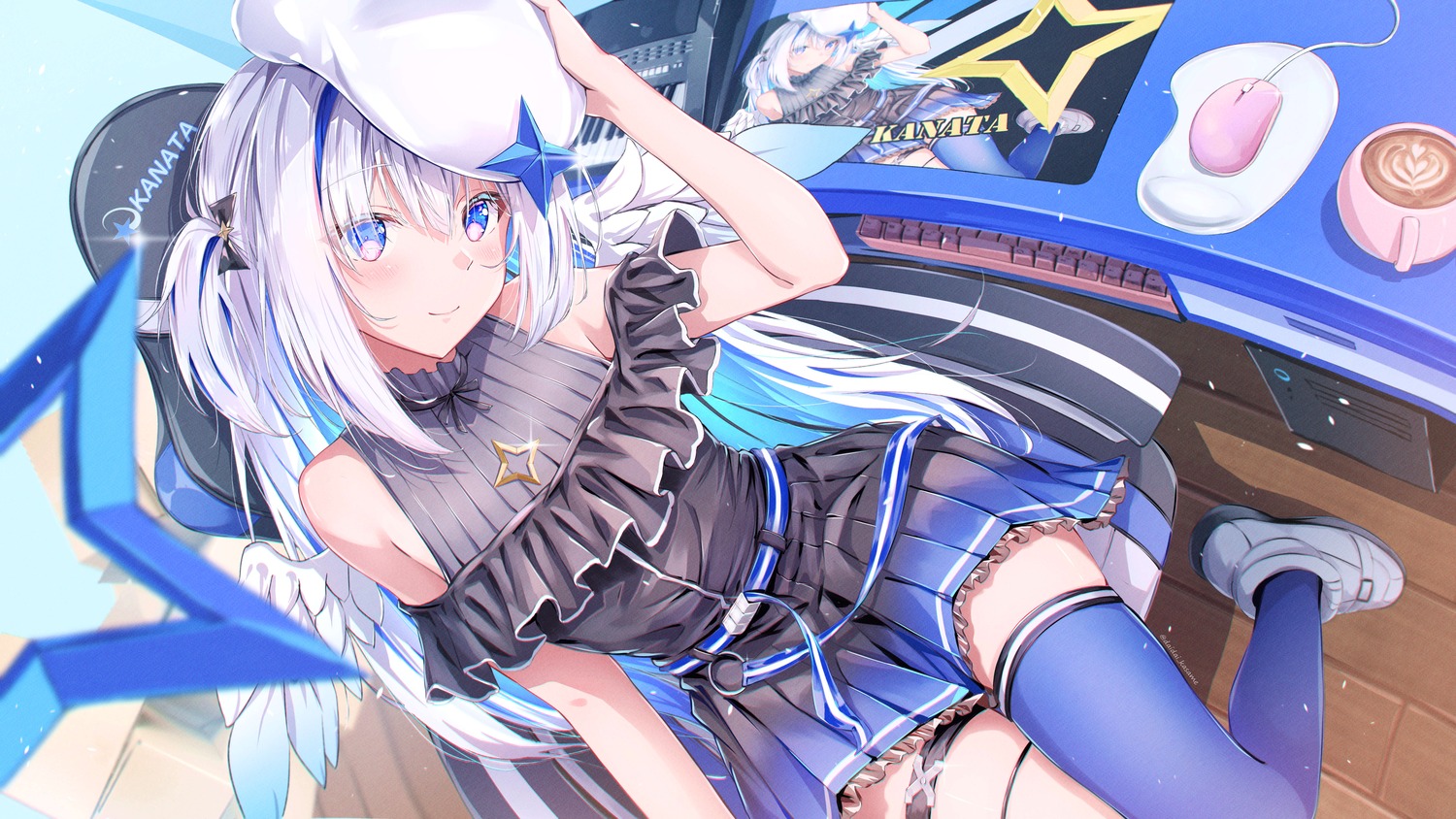 amane_kanata, daidai_(daidai826), garter, hololive, thighhighs, wallpaper, wings