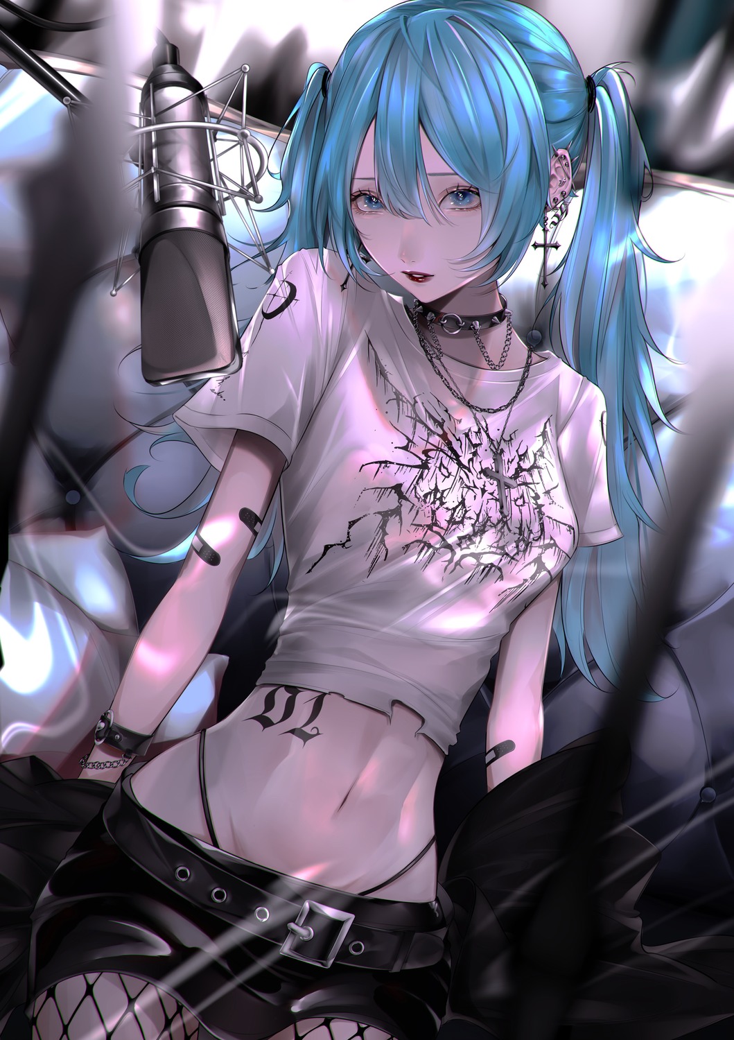 bandaid, fishnets, hatsune_miku, mano_mouth, pantsu, pantyhose, tattoo, torn_clothes, vocaloid