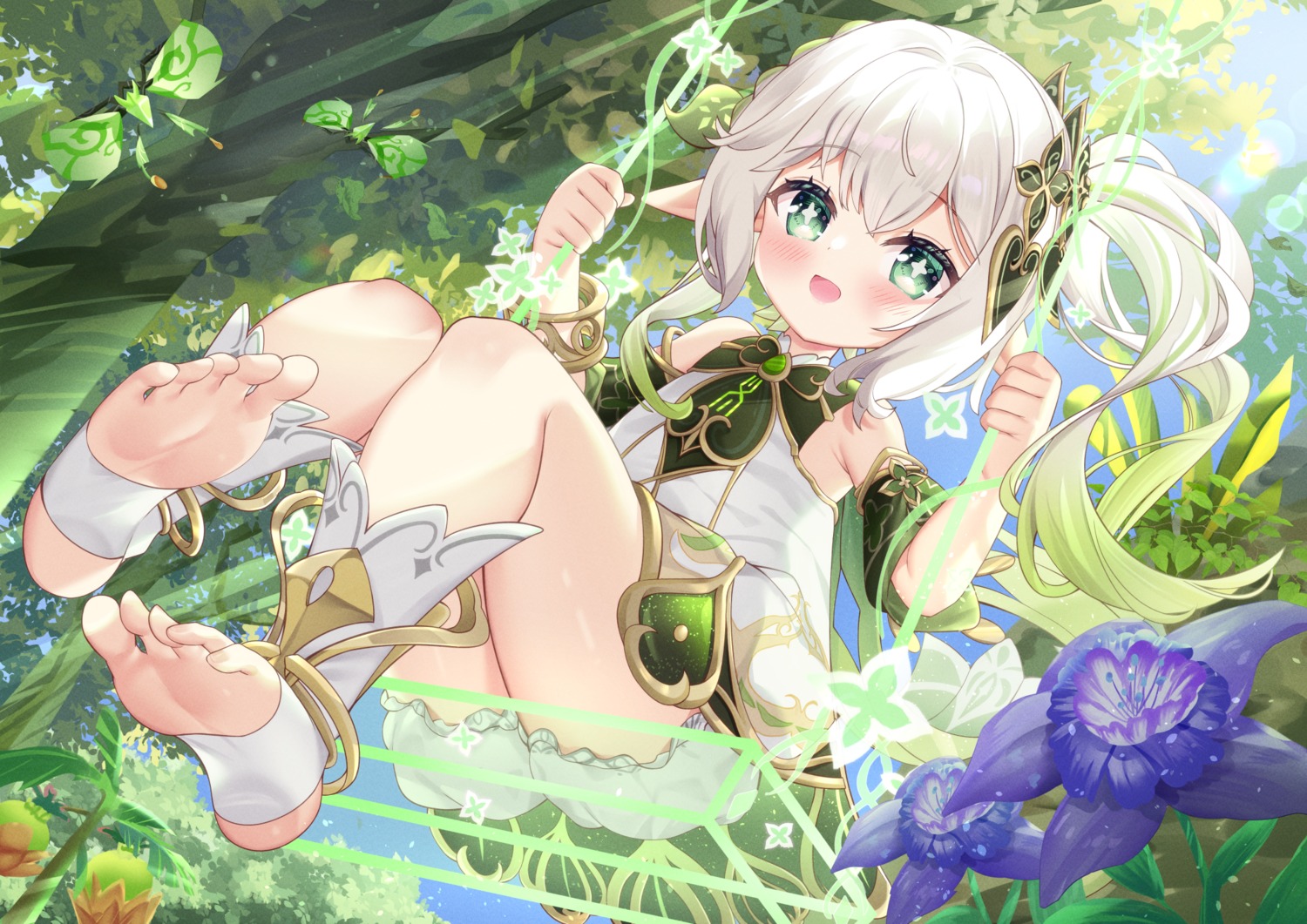 artist_revision, bloomers, dress, feet, genshin_impact, hiyada_yuu, nahida, pointy_ears, skirt_lift