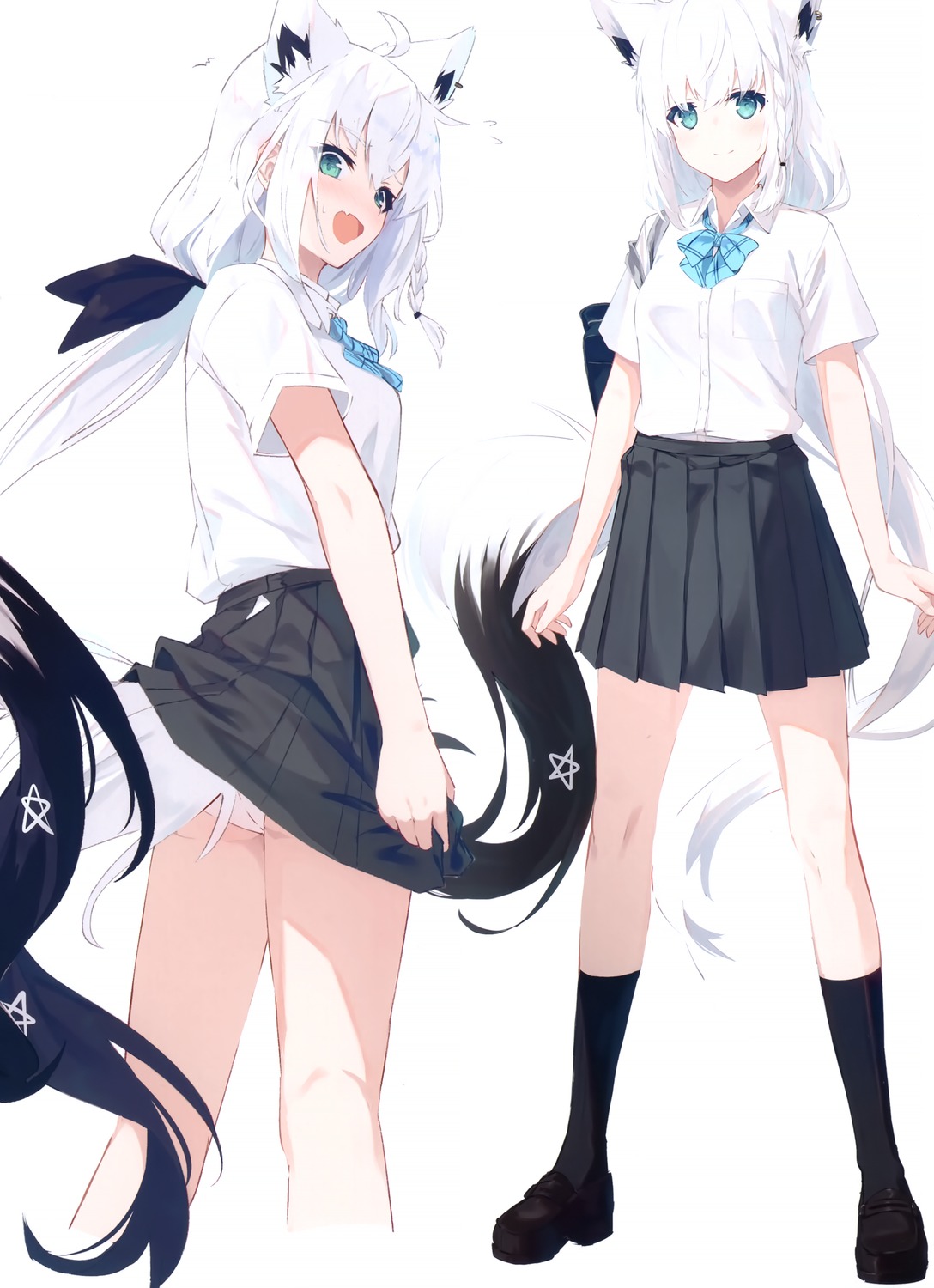 animal_ears, hololive, hololive_gamers, kitsune, nagishiro_mito, seifuku, shirakami_fubuki, skirt_lift