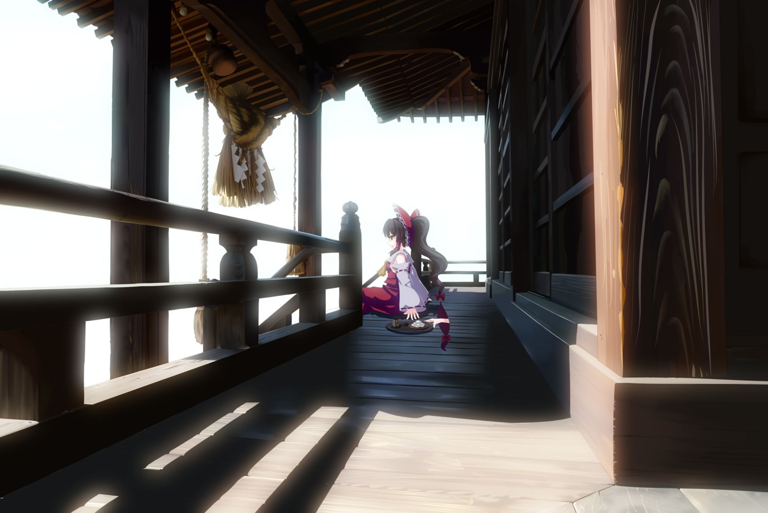 hakurei_reimu, landscape, miko, tama_(songe), touhou, yakumo_yukari