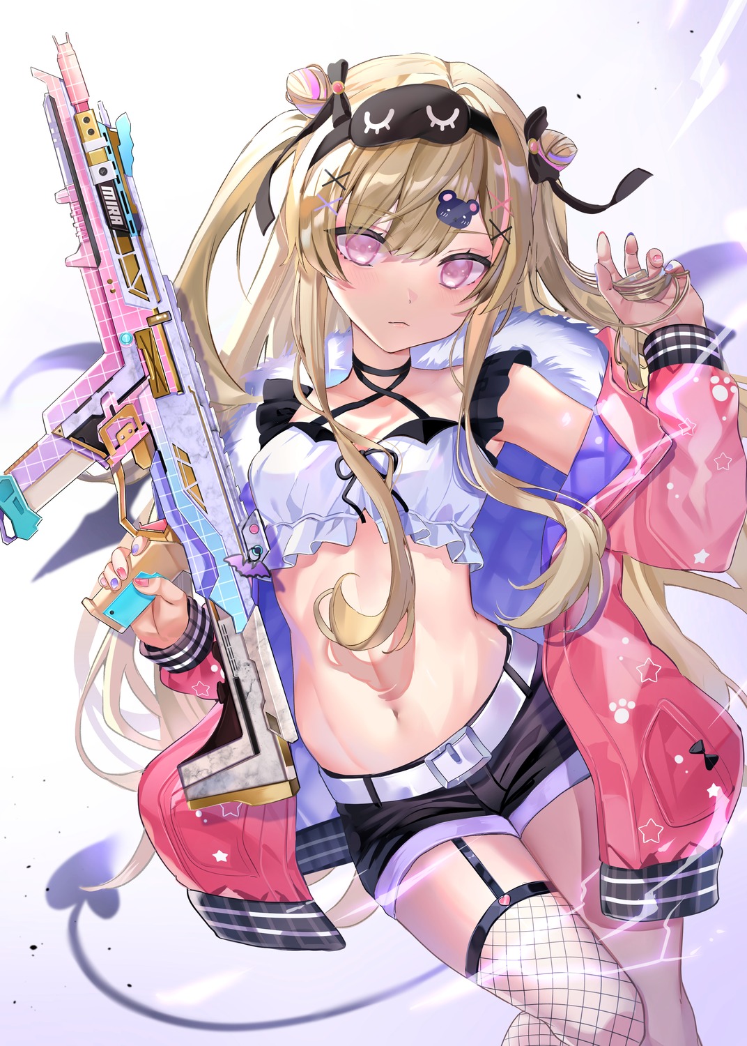 fishnets, gun, piyokuma, stockings, tail, thighhighs