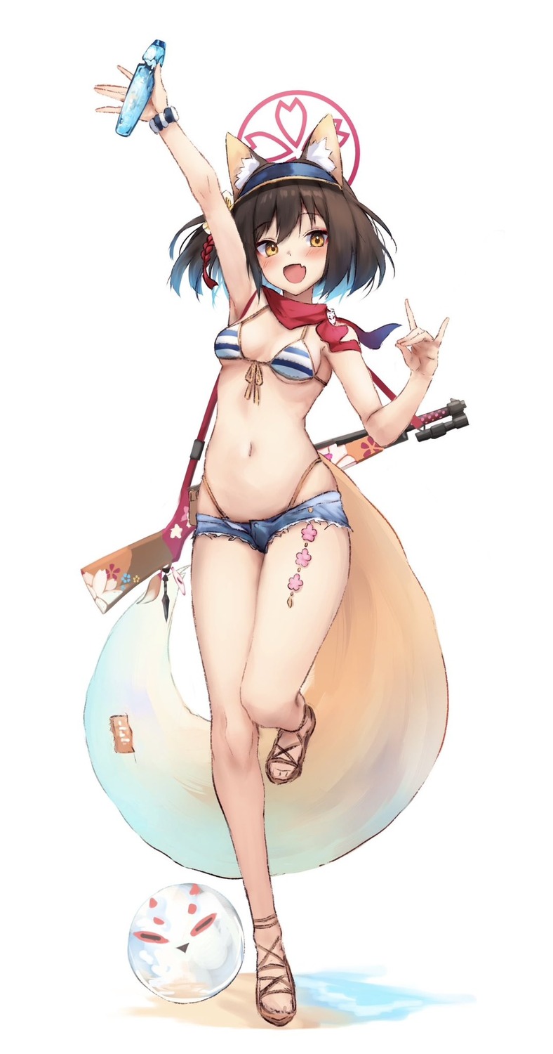 animal_ears, bikini, blue_archive, gun, halo, inre_kemomimi, kitsune, kuda_izuna, swimsuits, tail