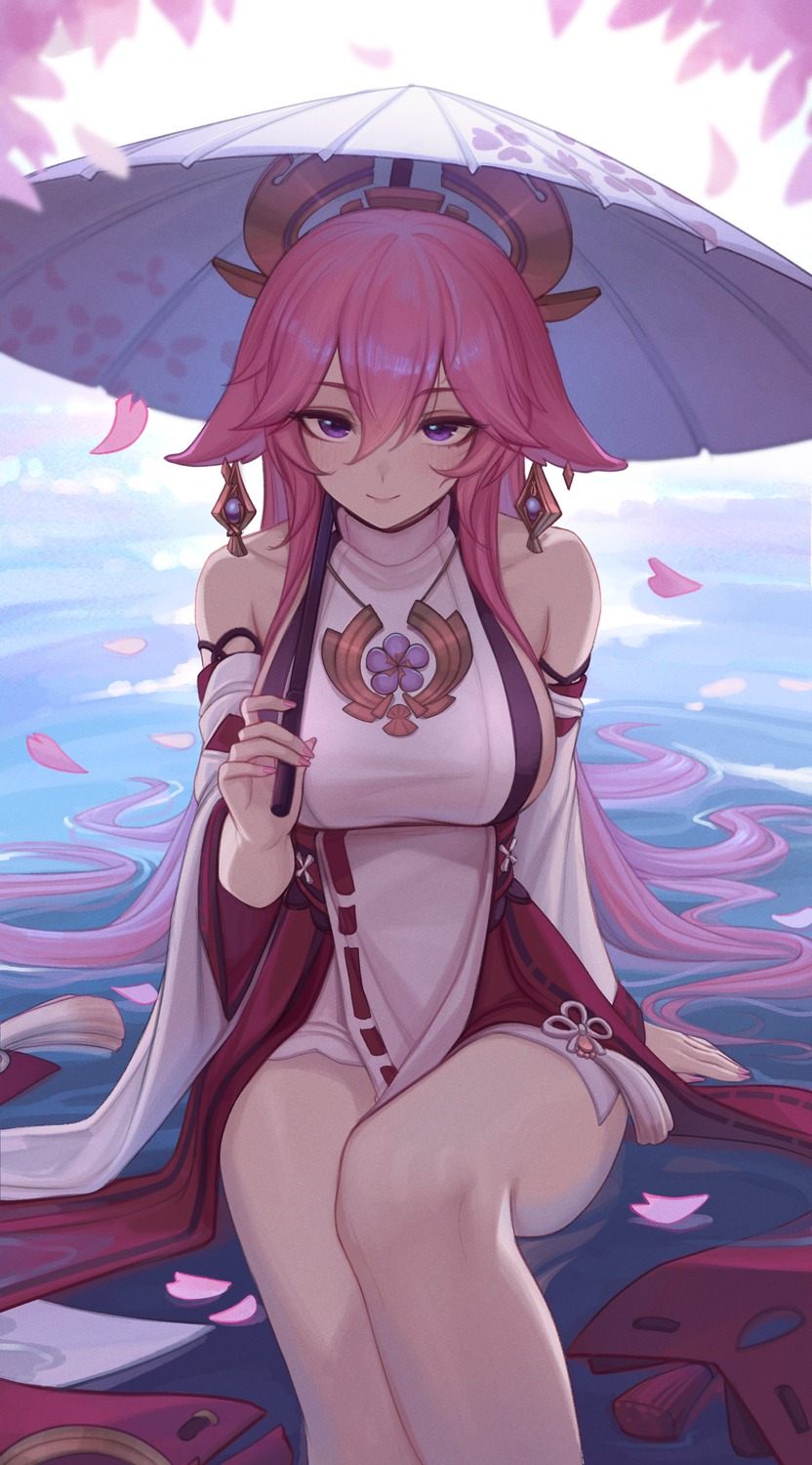 animal_ears, genshin_impact, japanese_clothes, kitsune, shellvi, umbrella, wet, yae_miko