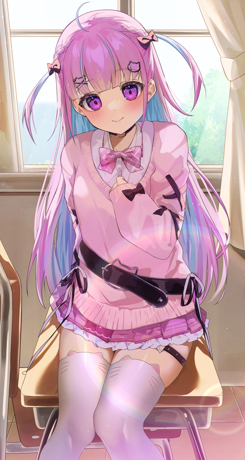 cadorunrun, garter, hololive, minato_aqua, seifuku, sweater, thighhighs