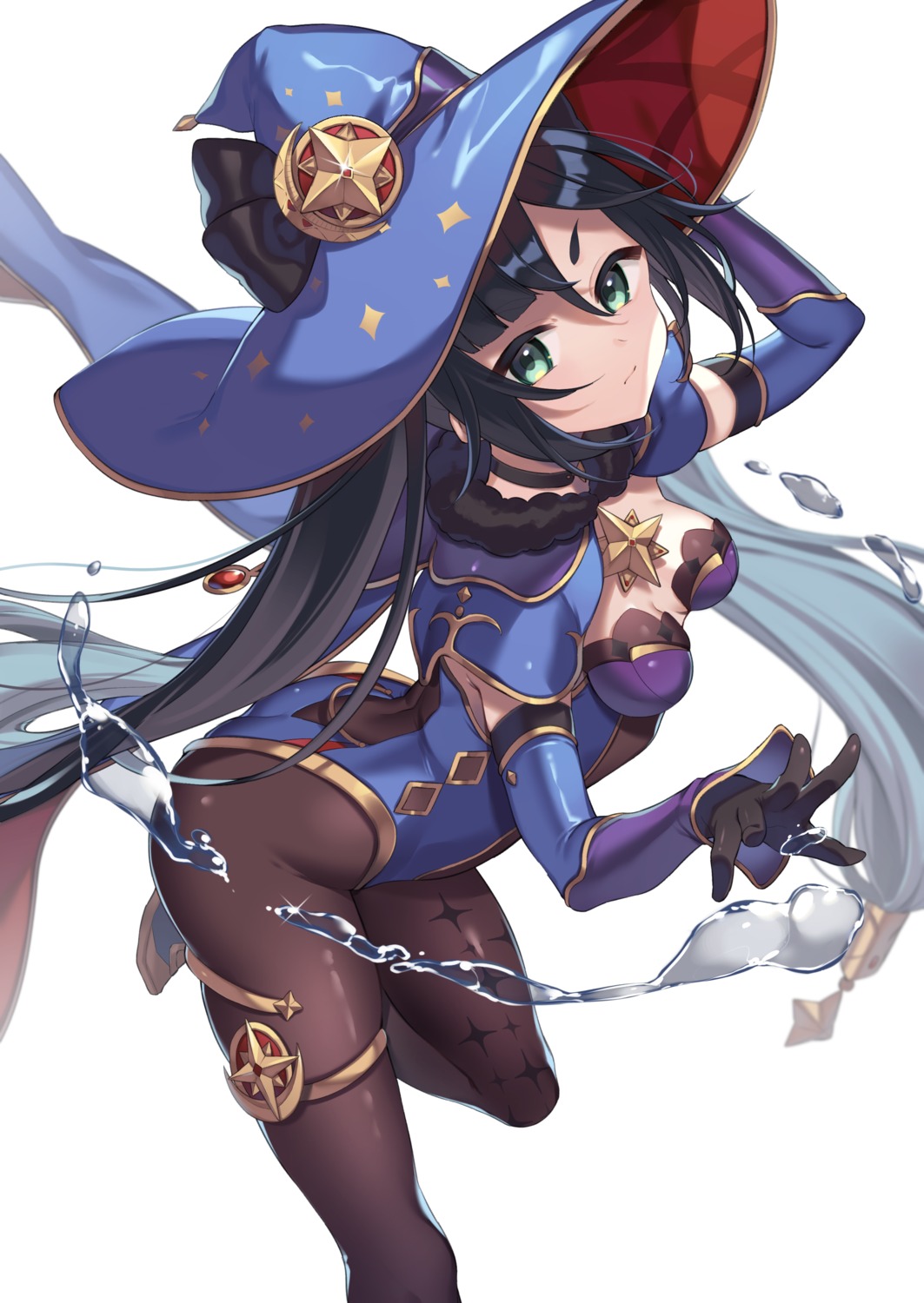 citron_82, garter, genshin_impact, leotard, mona_megistus, no_bra, pantyhose, witch