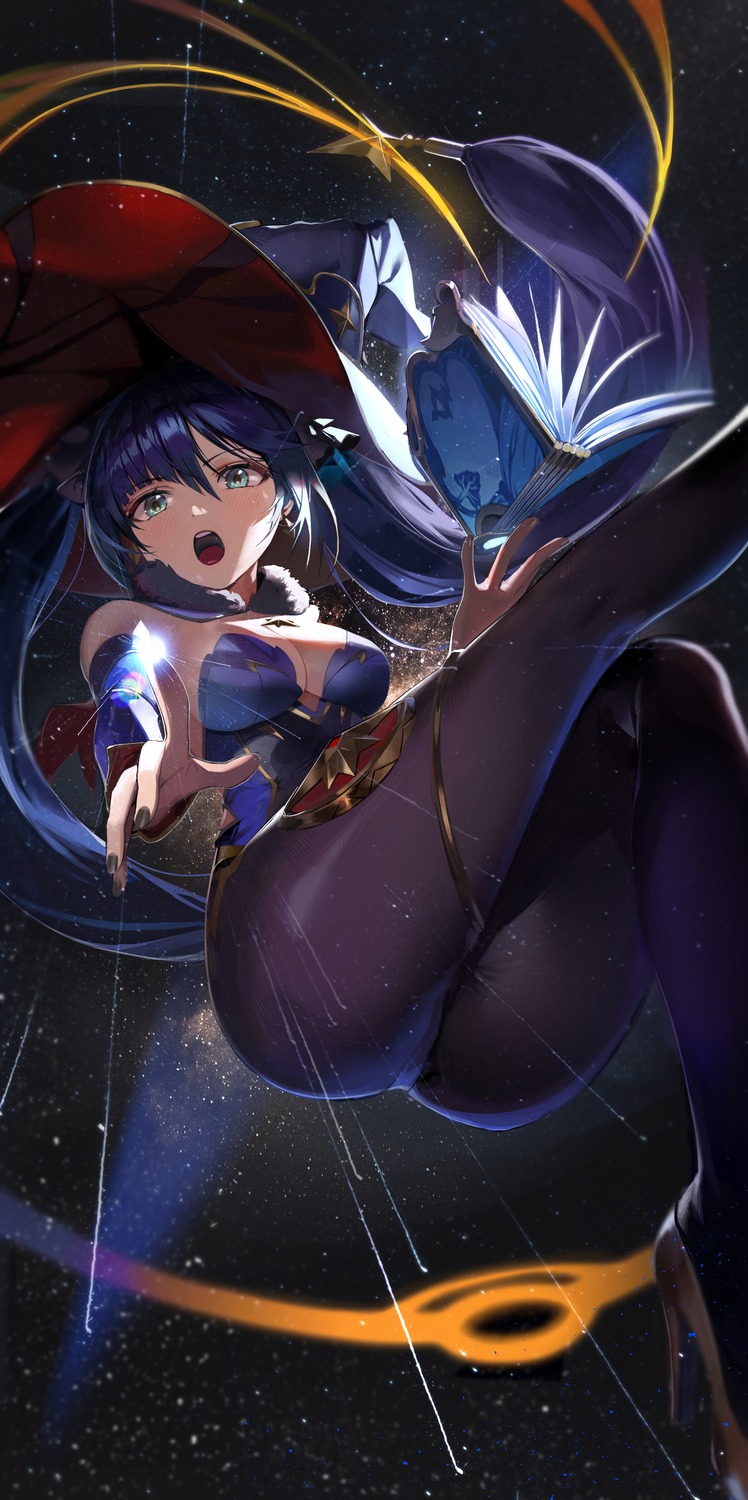 garter, genshin_impact, heels, kawa683, mona_megistus, no_bra, pantyhose, witch
