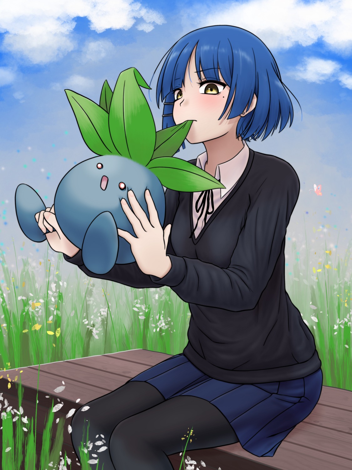 30kton, bocchi_the_rock!, crossover, oddish, pantyhose, pokemon, seifuku, sweater