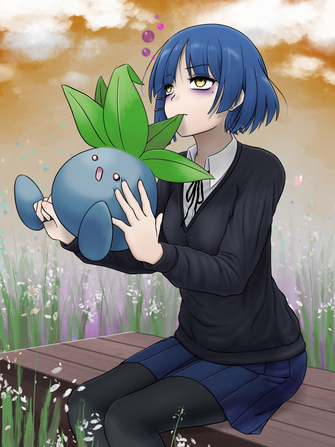 30kton, bocchi_the_rock!, crossover, oddish, pantyhose, pokemon, seifuku, sweater