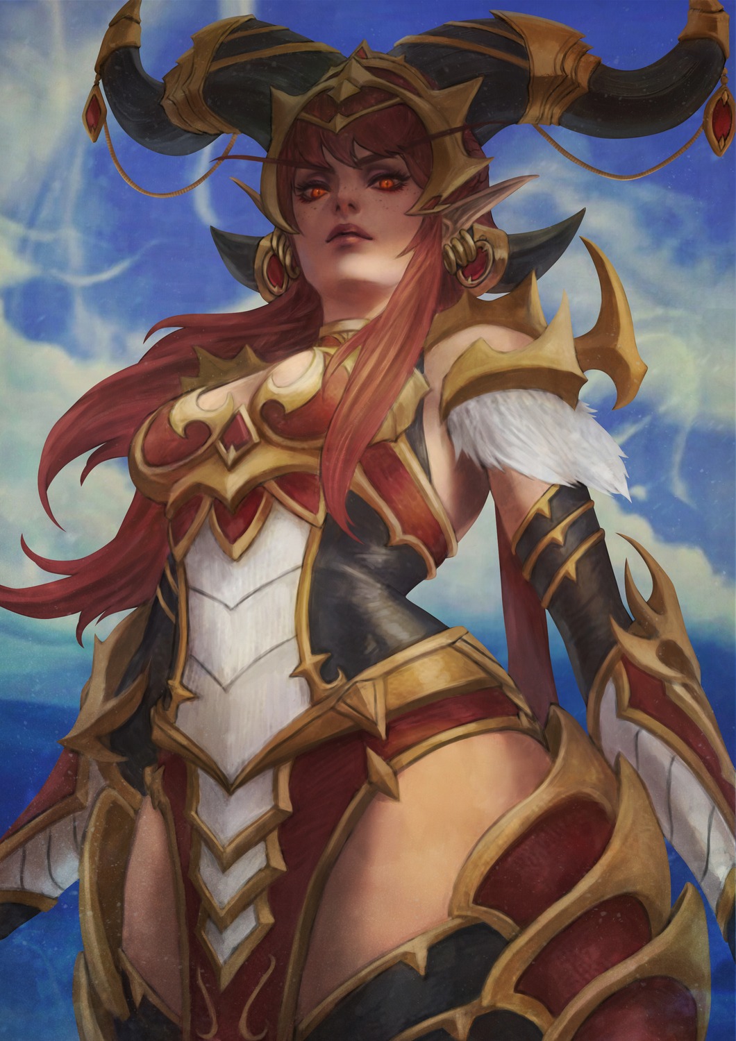 alexstrasza_the_life_binder, armor, bikini_armor, horns, monori_rogue, pointy_ears, thighhighs, world_of_warcraft