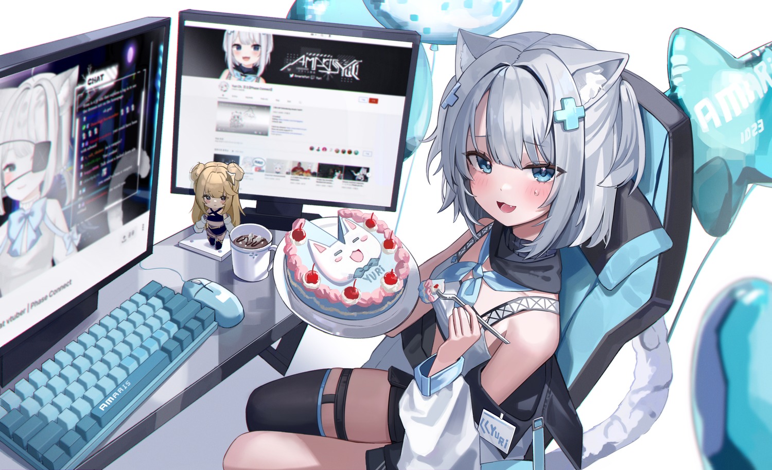 amaris_yuri, animal_ears, chibi, eyepatch, garter, nekomimi, phase_connect, riko_(rik0ring), stockings, thighhighs