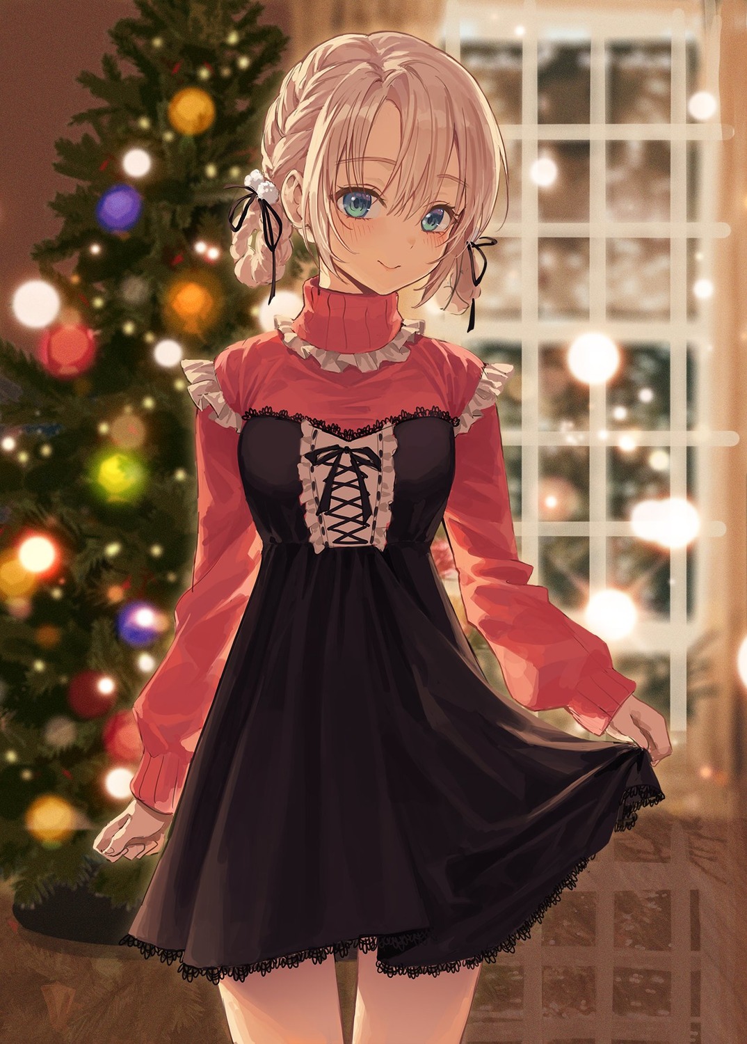 christmas, dress, roha, shimotsuki-san_wa_mob_ga_suki, shimotsuki_shiho, skirt_lift, sweater