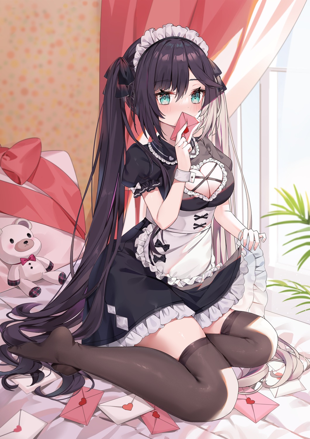 genshin_impact, maid, mona_megistus, skirt_lift, thighhighs, yuia
