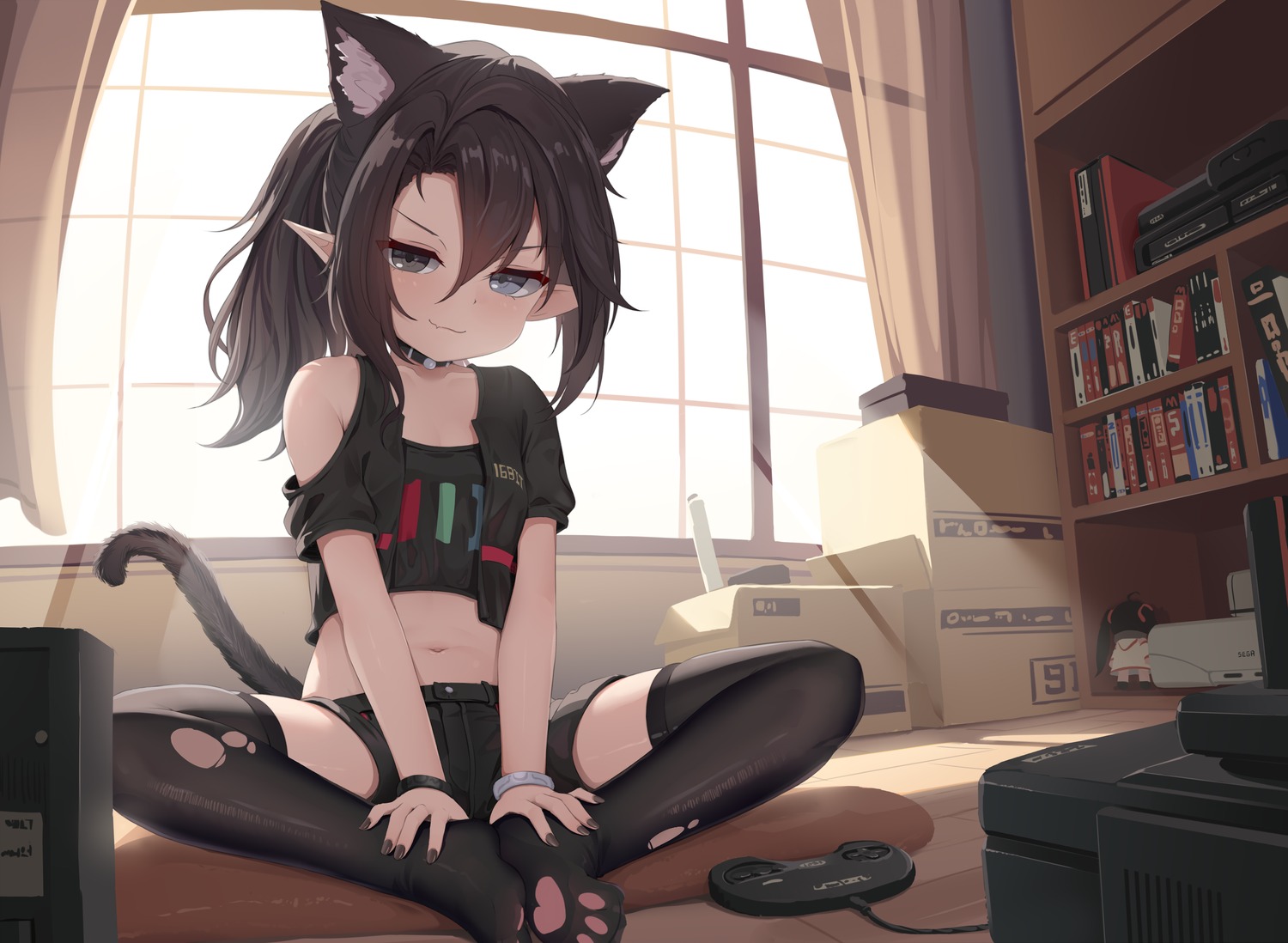 animal_ears, nekomimi, pointy_ears, tail, tenroy, thighhighs, torn_clothes