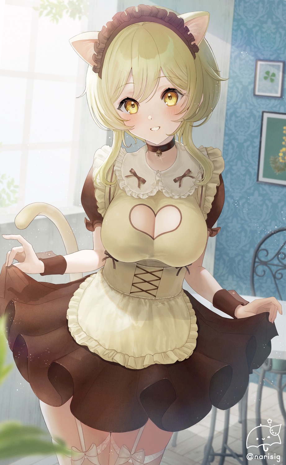 animal_ears, genshin_impact, lumine, maid, nekomimi, sigggrain, skirt_lift, stockings, tail, thighhighs