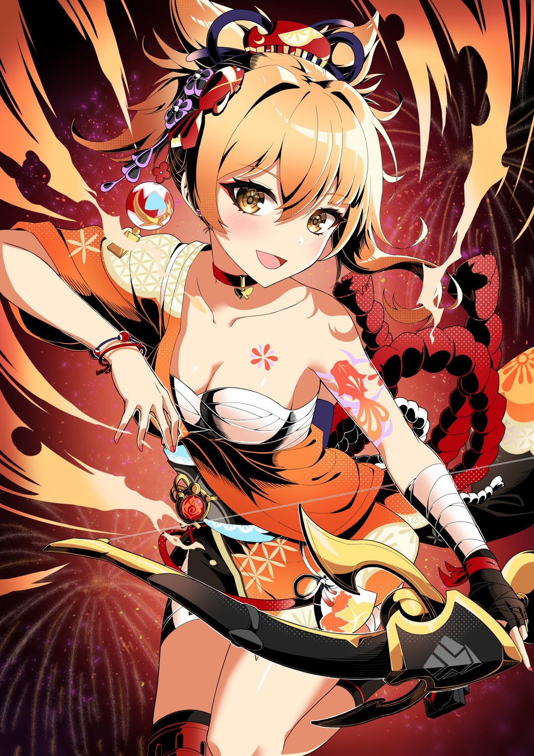 bandages, genshin_impact, japanese_clothes, open_shirt, sarashi, tattoo, thighhighs, weapon, yoimiya, yuito_(yuitokobunasbs0)