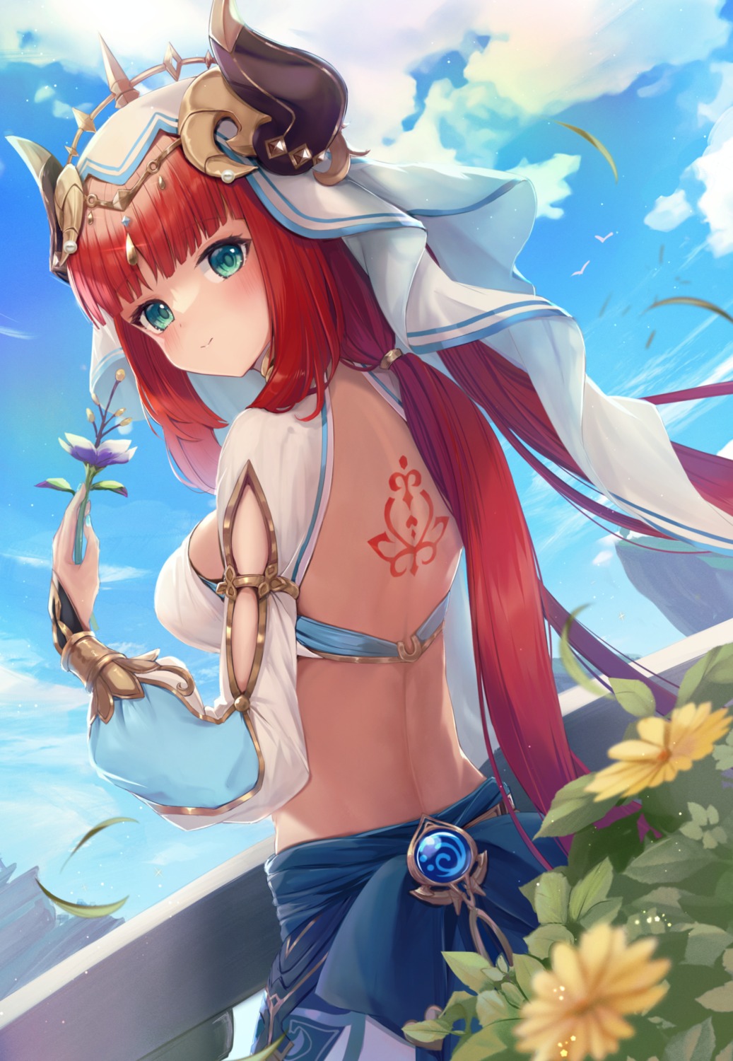 genshin_impact, horns, itone_114, nilou, no_bra, tattoo
