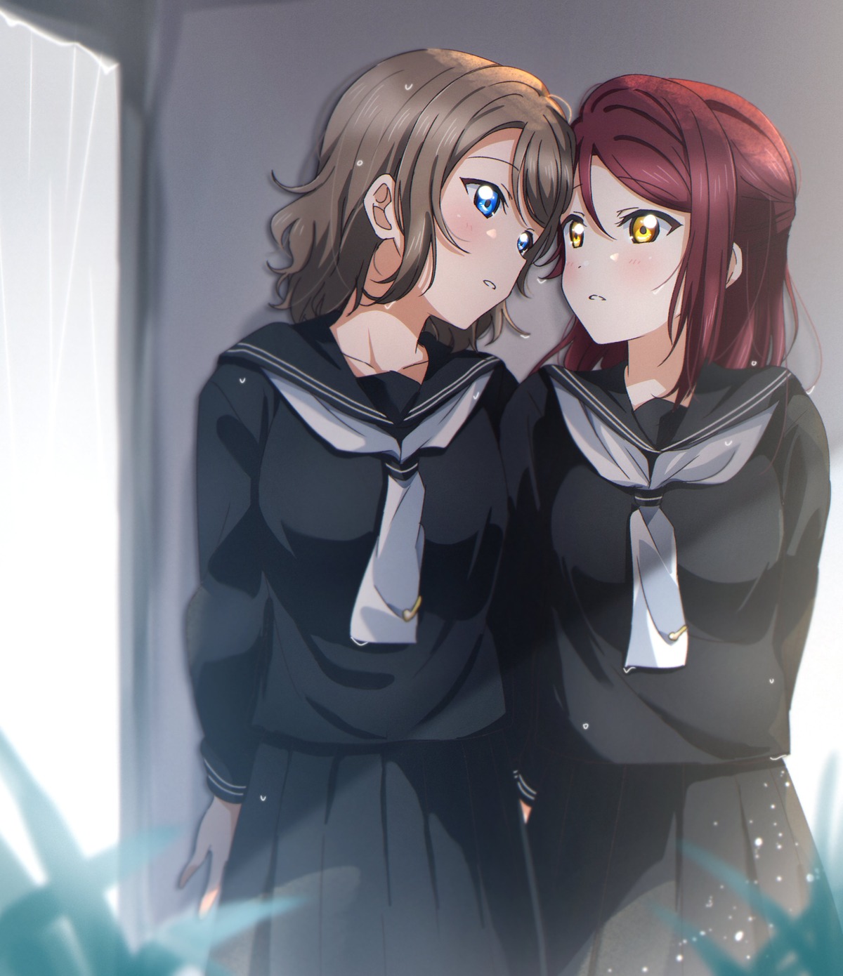 love_live!_(series), love_live!_sunshine!!, sakurauchi_riko, seifuku, watanabe_you, wet, wet_clothes, yuchi_(salmon-1000)