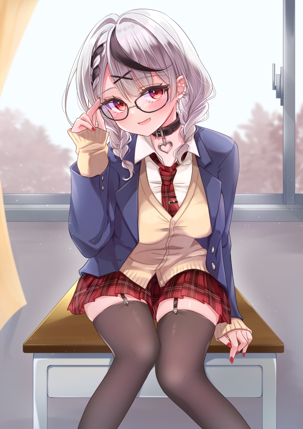 hololive, megane, null_illust, sakamata_chloe, seifuku, stockings, sweater, thighhighs