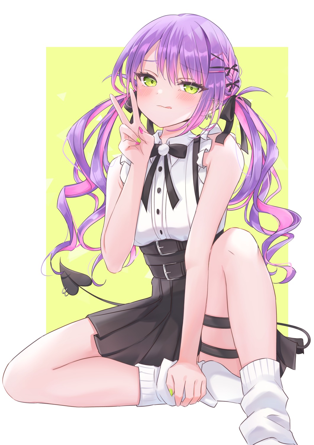 garter, hololive, horns, null_illust, pointy_ears, tail, tokoyami_towa