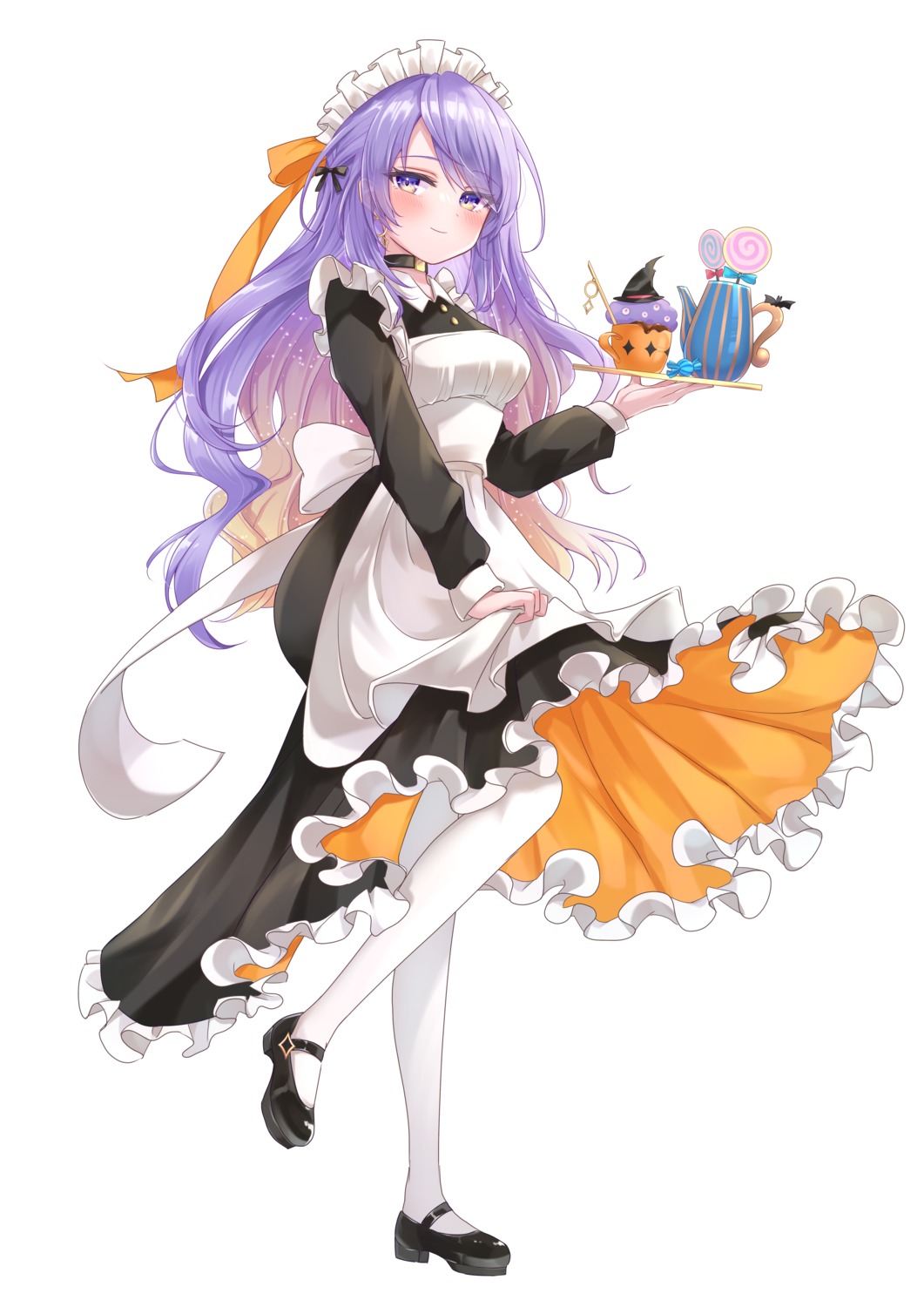 halloween, hololive, hololive_indonesia, maid, moona_hoshinova, null_illust, pantyhose, skirt_lift