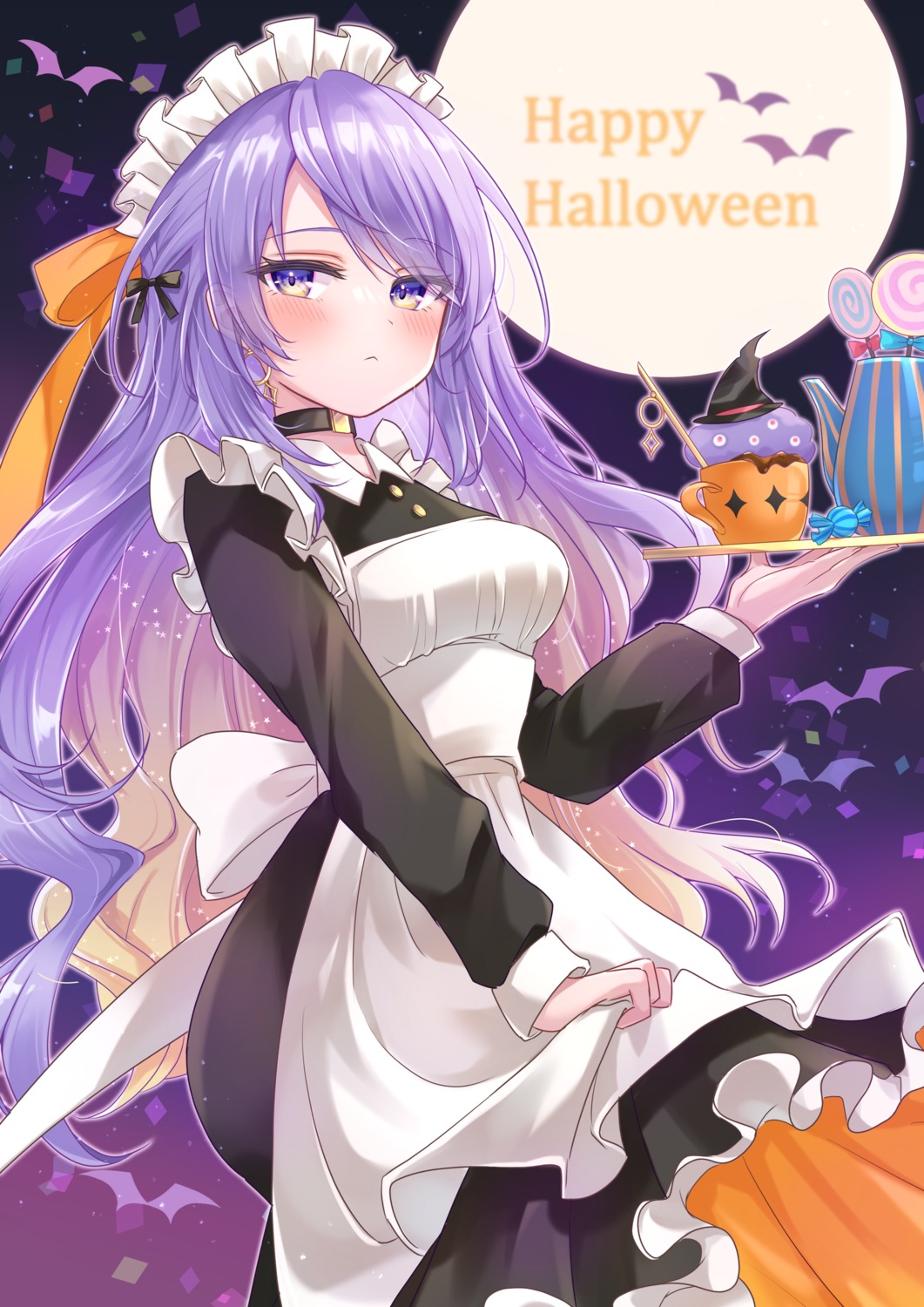 halloween, hololive, hololive_indonesia, maid, moona_hoshinova, null_illust, pantyhose, skirt_lift