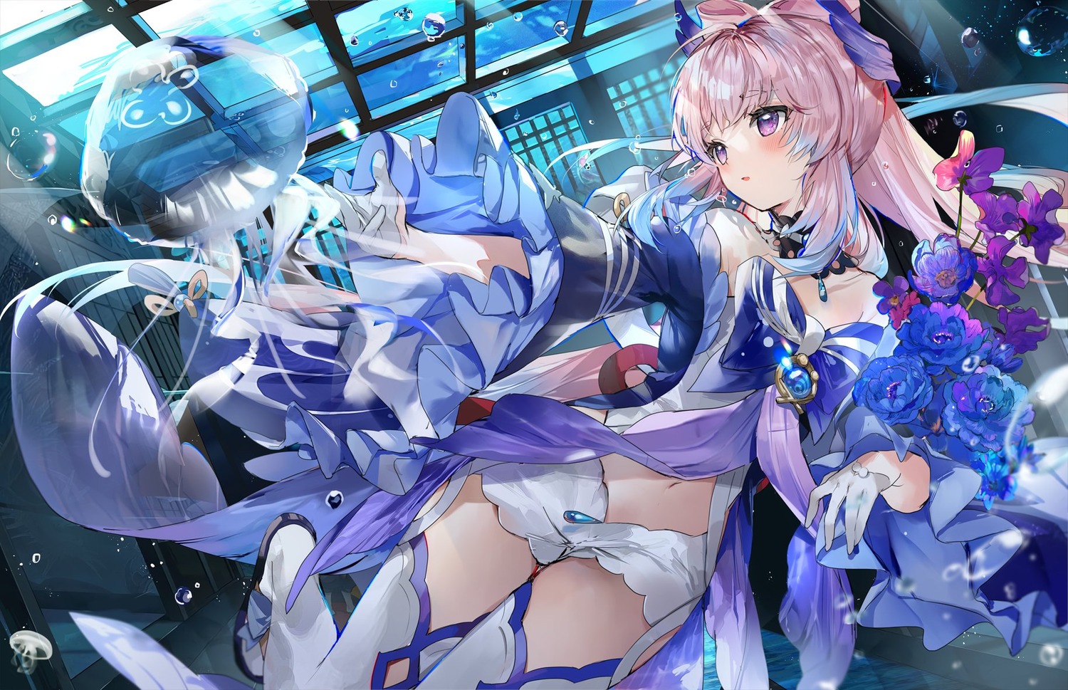 genshin_impact, hinahino, no_bra, sangonomiya_kokomi, thighhighs